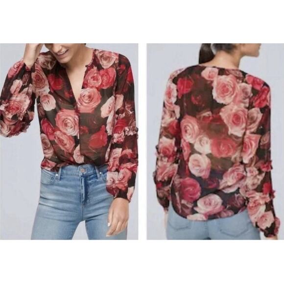 White House Black Market Rosé Floral Blouse Romantic Feminine Ruffle Sleeve XS - Picture 2 of 10